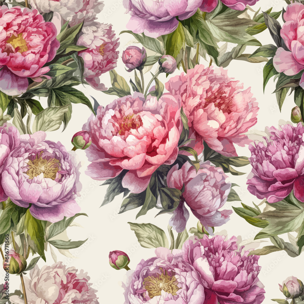 Seamless vector background with watercolor peonies.