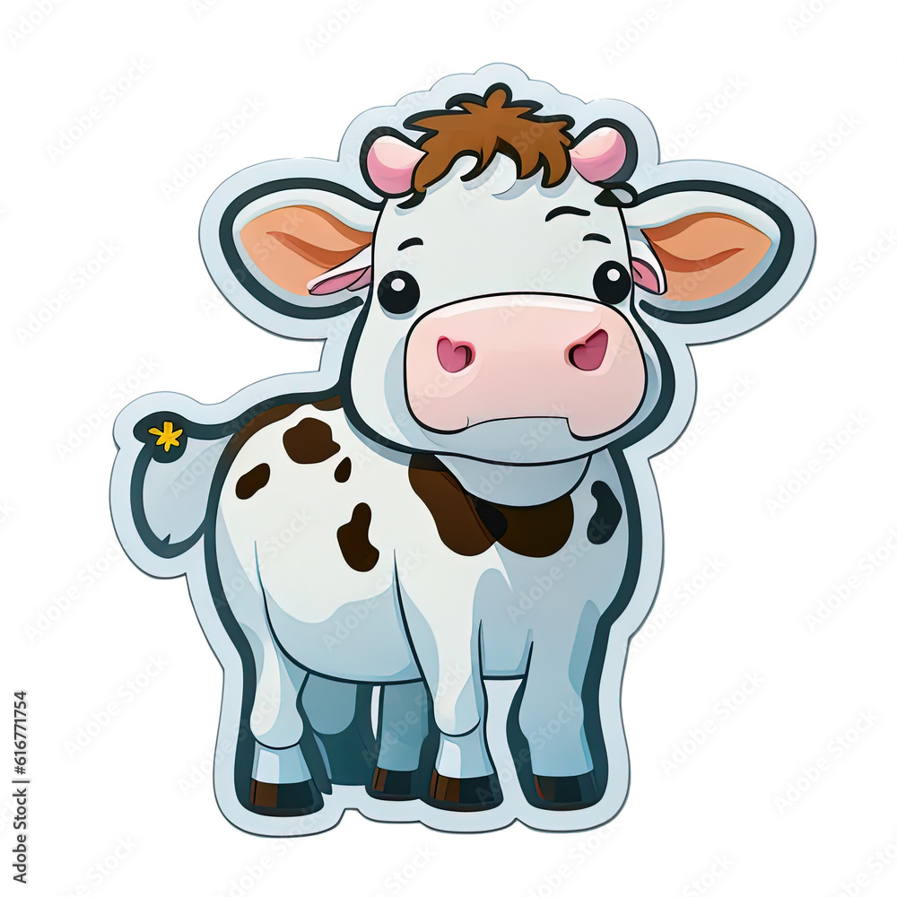 sticker of cute cow cartoon style, transparent background PNG, generative AI