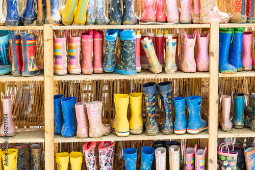 Colorful childeren rain boots from childcare at American Farm School in Thessaloniki Central Macedonia in Greece