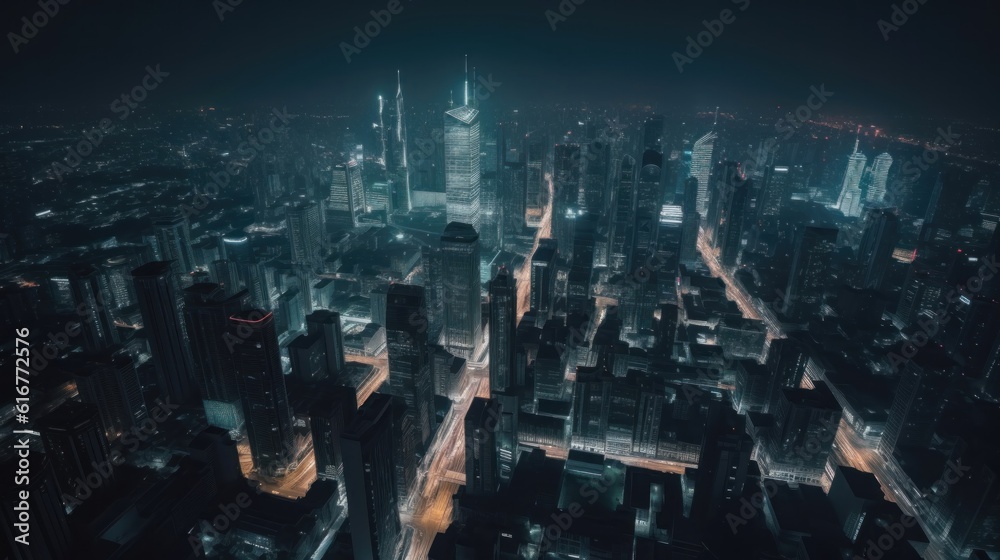 Captivating aerial view of a vibrant cityscape at night, with mesmerizing motion blur effect. Twinkling lights, bustling streets, and an electrifying nightlife atmosphere. Generative ai.