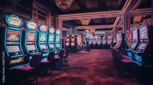 Retro styled casino interior with casino slot machines adorned with mesmerizing neon lights. Generative ai.