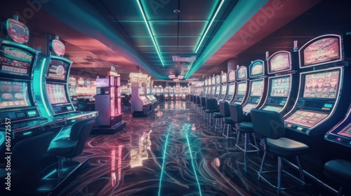 Retro styled casino interior with casino slot machines adorned with mesmerizing neon lights. Generative ai.