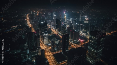Captivating aerial view of a vibrant cityscape at night, with mesmerizing motion blur effect. Twinkling lights, bustling streets, and an electrifying nightlife atmosphere. Generative ai.