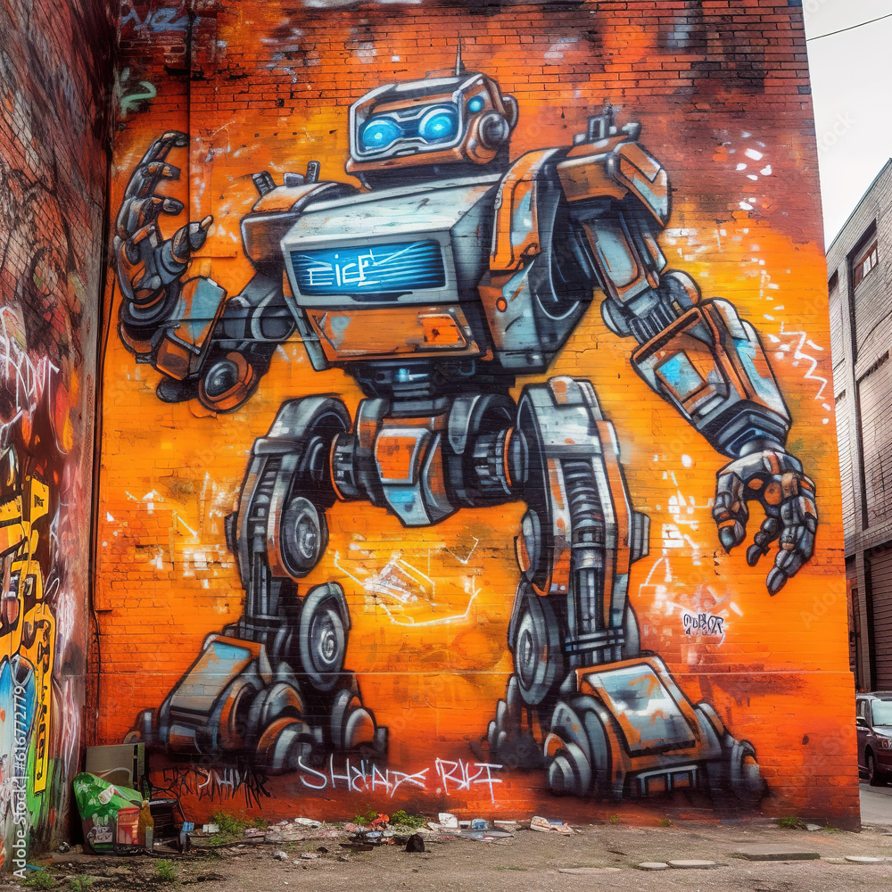 Urban Art, robot graffiti on wall, side view. Transformer spray painting on the outside of a building, street art style. Cyborg graffiti mural. Autobot illustration