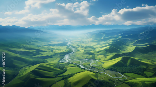 Panoramic view and aerial photography of a majestic valley. drone view of a breathtaking fantasy landscape .Generative AI