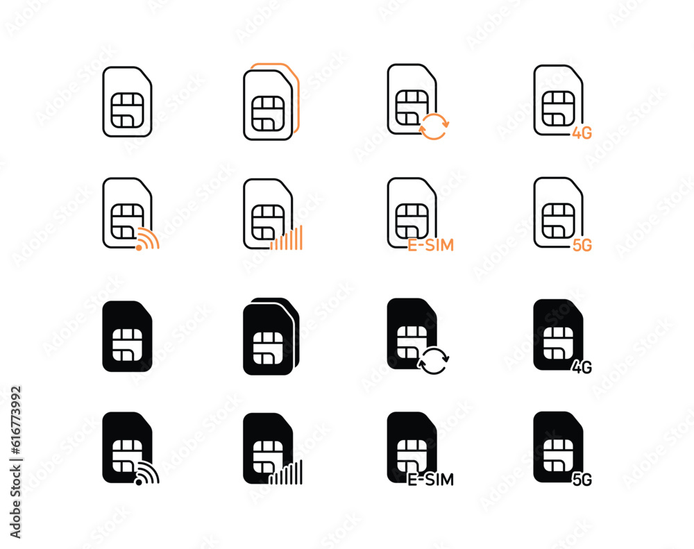 Minimalistic sim card icon set. Sim cards action line and fill icons. Cellular connection theme vector icon set. Minimalistic sim card icon set. Sim cards action line and fill icons. Cellular connection theme vector icon set.