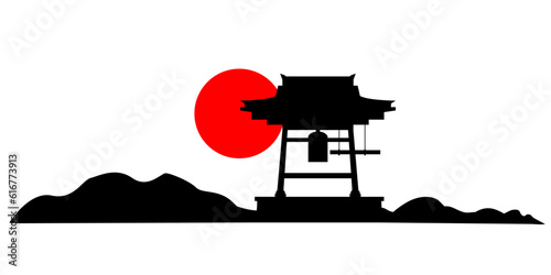 除夜の鐘と山と太陽のイラスト素材のシルエット　ベクター