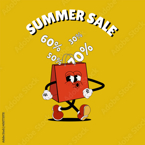 mascot of summer sales. Funny character walking red bag with discounts flying into it. A flat vector illustration on the theme of summer sales in a cartoon retro style of the 70s.
