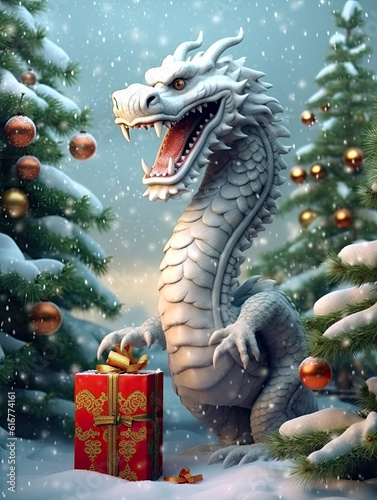 A Chinese dragon made of snow  next to a Christmas tree. Chinese New Year. Created by AI.