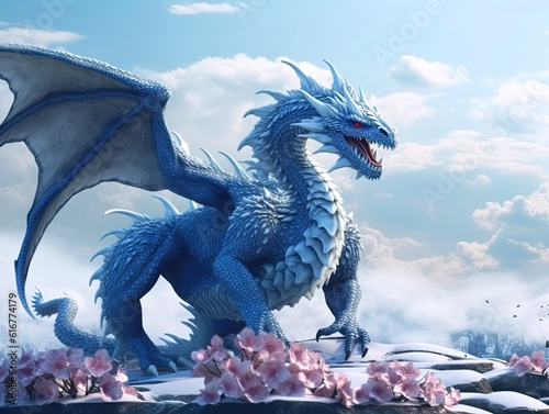 An epic fantasy dragon snake with blue scales and huge fangs on snow-covered hills in an epic pose emits a cry covered with flowers. Created by Ai.