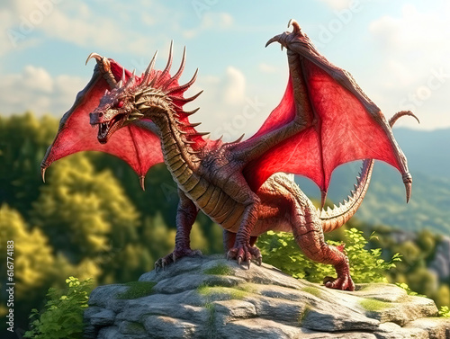 A huge red dragon sits on a hill covered with stone. Spreading its wings. Created by AI.