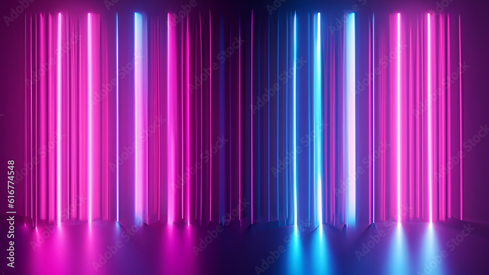 3d render, abstract neon background with glowing pink blue vertical ...
