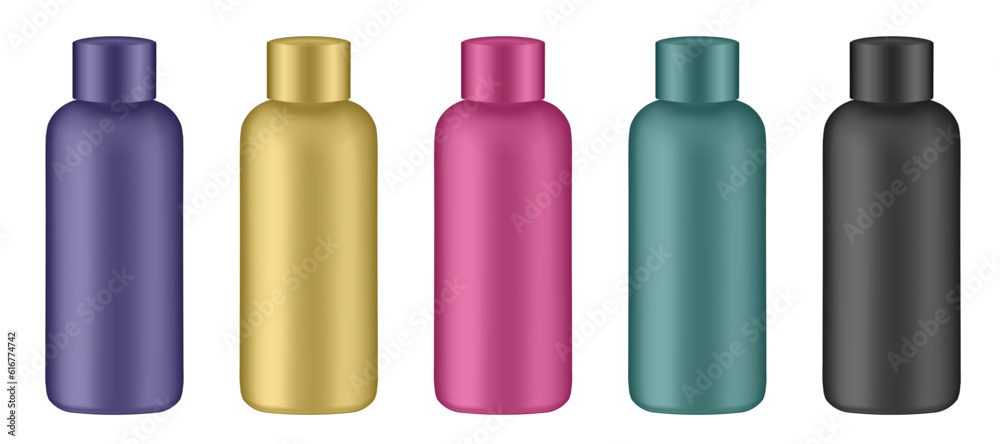 Set of cosmetic bottles. Yellow, green, black, purple and pink bottles. Hair dye, oxydant cream, shampoo, shower gel or body lotion Set of cosmetic bottles. Yellow, green, black, purple and pink bottles. Hair dye, oxydant cream, shampoo, shower gel or body lotion