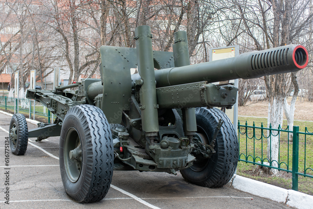 Green gun at the military base in the city. Green gun at the military base in the city.