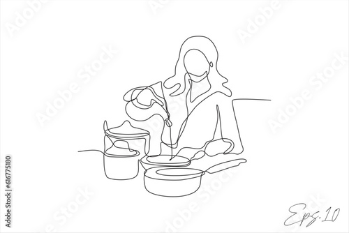 continuous line vector illustration of woman cooking
