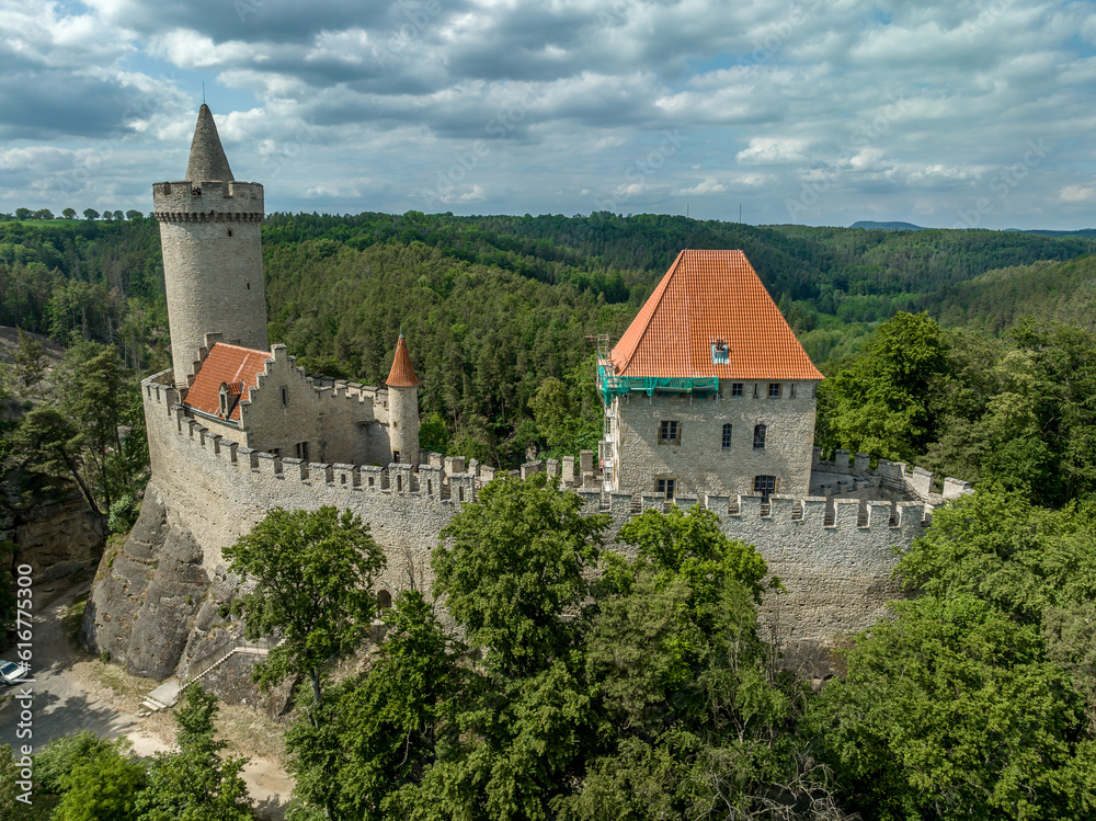 Aerial view of Kokořín Kokorin Castle in Czechia Neo-gothic restauration of a hilltop ruined medieval fortress