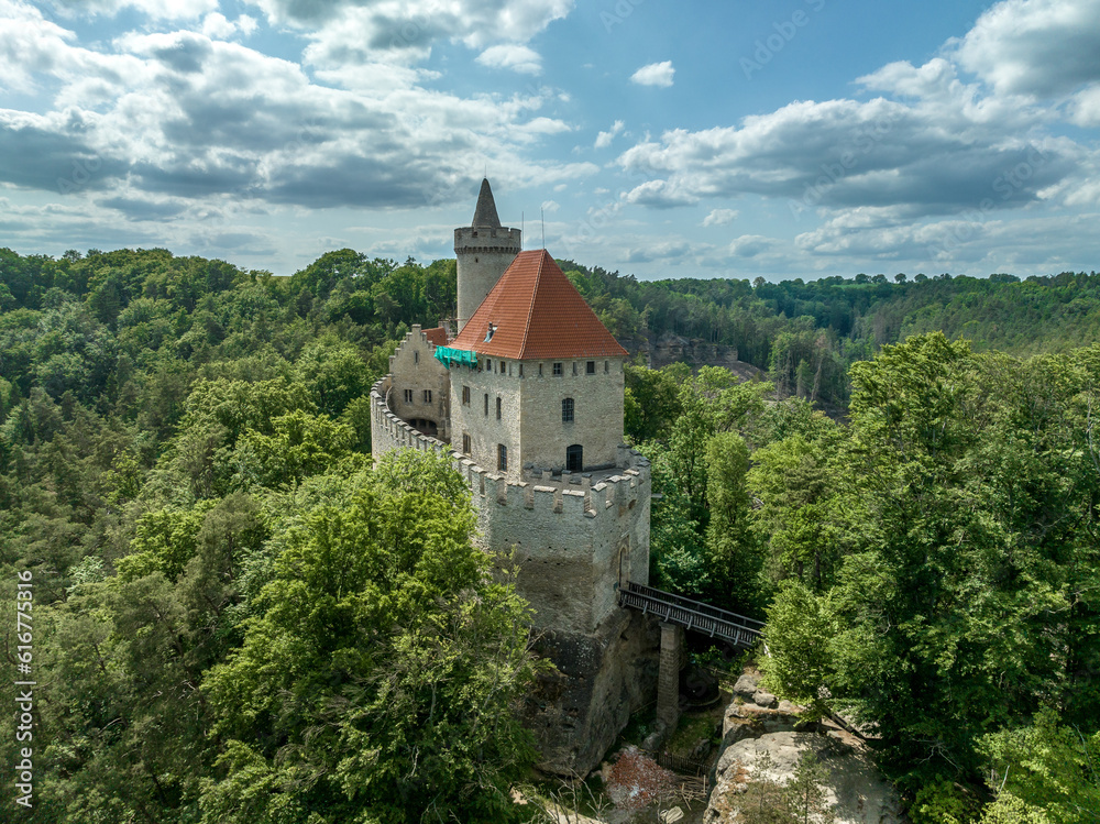Aerial view of Kokořín Kokorin Castle in Czechia Neo-gothic restauration of a hilltop ruined medieval fortress