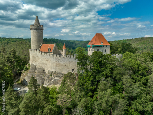 Aerial view of Kokořín Kokorin Castle in Czechia Neo-gothic restauration of a hilltop ruined medieval fortress photo