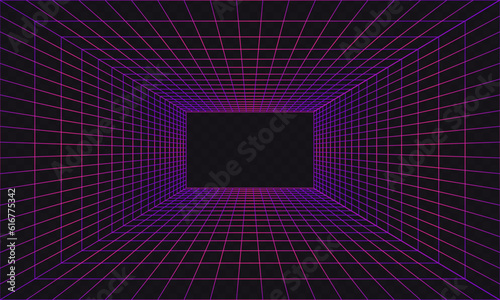 3d wireframe grid room, one-point perspective, vector illustration