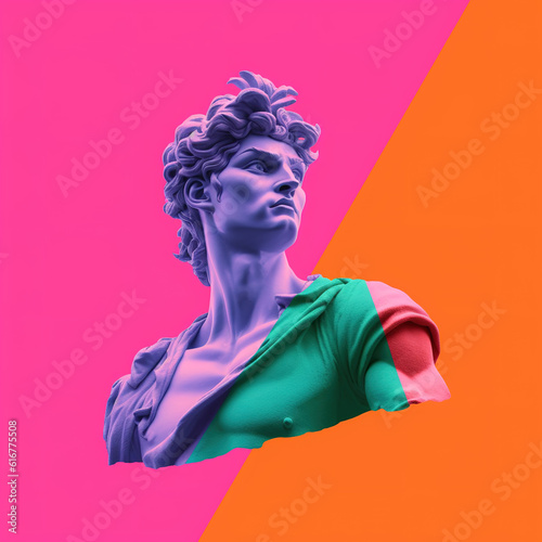 Michelangelo's David statue, LGBTQ + flag, square logo, creative elements. Retrowave style sculpture, vaporwave