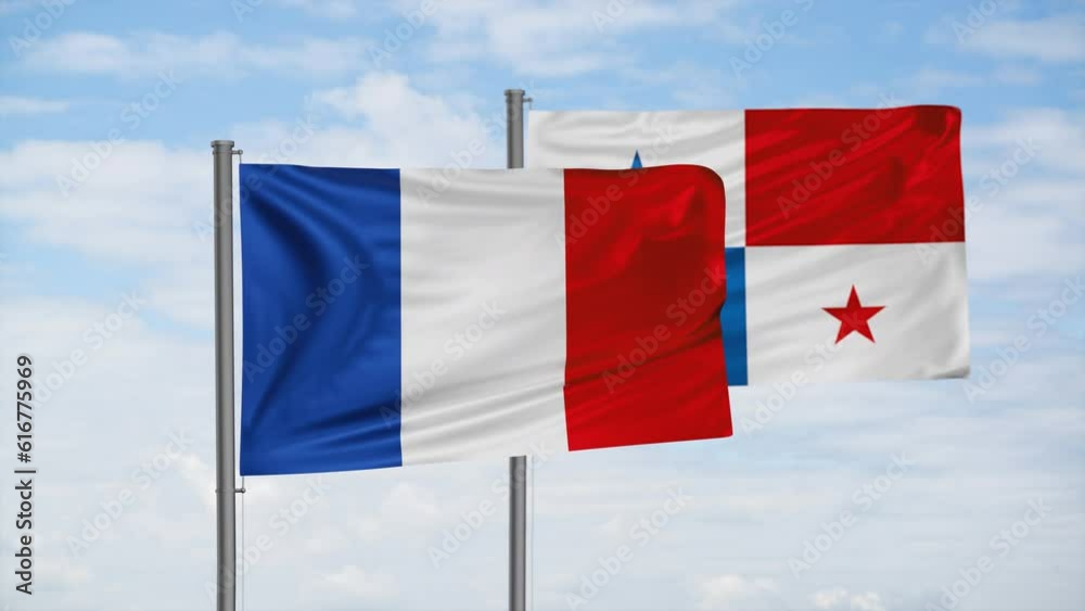 Panama flag and France flag waving together on blue sky, looped video, two country cooperation concept Panama flag and France flag waving together on blue sky, looped video, two country cooperation concept