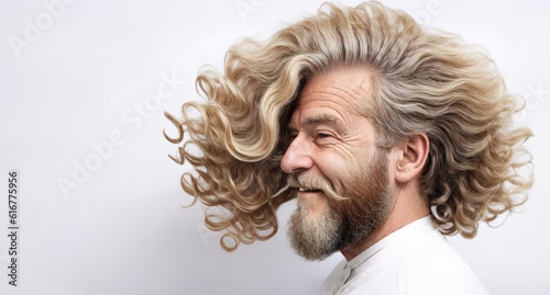 Happy Old Man with Colorful Curly Hair in Barbershop