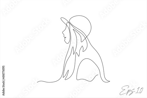 continuous line art vector illustration of woman wearing round hat