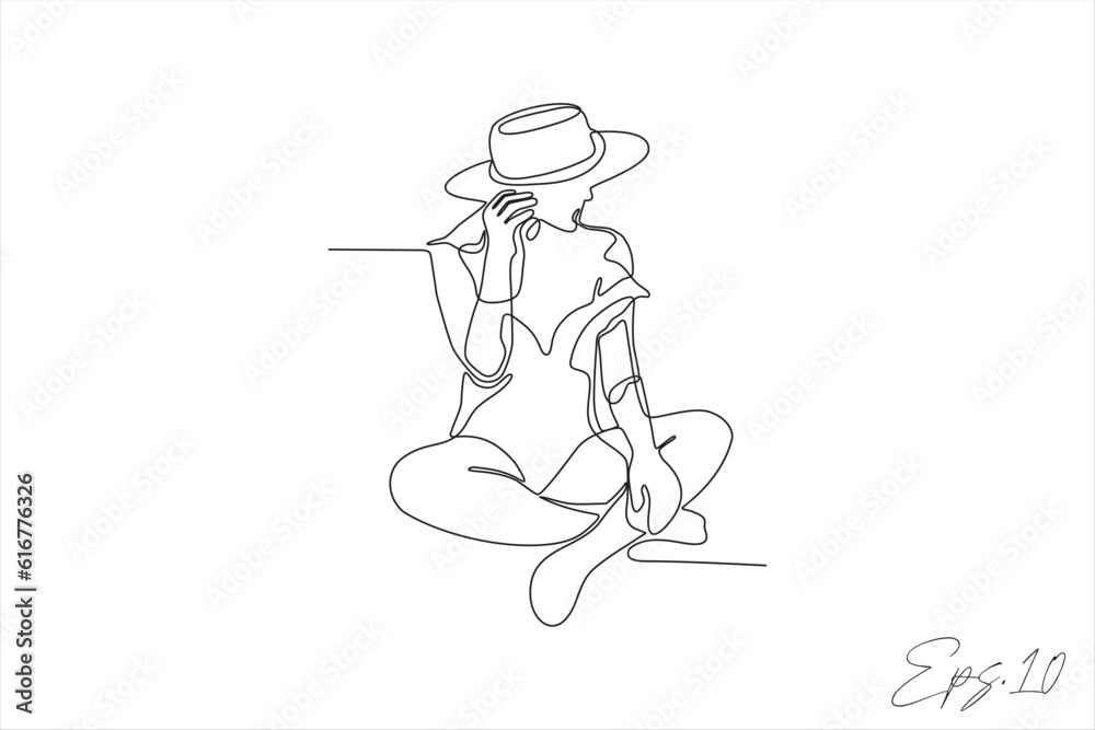 line art vector illustration of girl relaxing on the beach line art vector illustration of girl relaxing on the beach