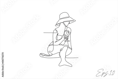 line art vector illustration of girl relaxing on the beach