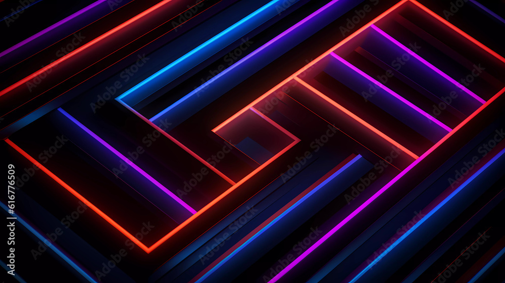 Bright neon lines forming geometric shapes on a dark background. Bright neon lines forming geometric shapes on a dark background.
