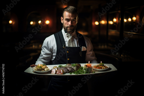 The waiter gracefully presents a beautifully plated dish with intricate garnishes and describes the flavor profiles and ingredients in a knowledgeable manner Generative AI
