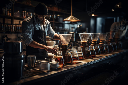 The barista uses manual brewing methods like pour-over or AeroPress, carefully measuring and pouring hot water over freshly ground coffee, highlighting the meticulous process and e Generative AI