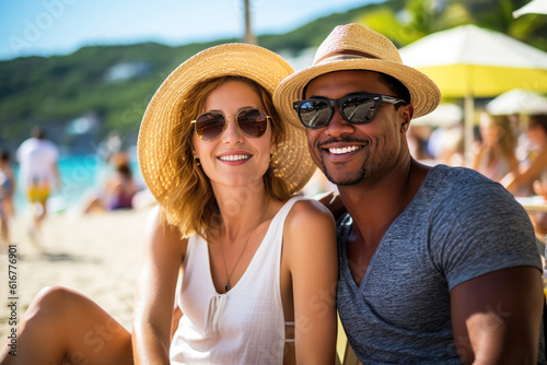 Interracial couple at the beach, vacation, smiling, happy, sunny day, diversity