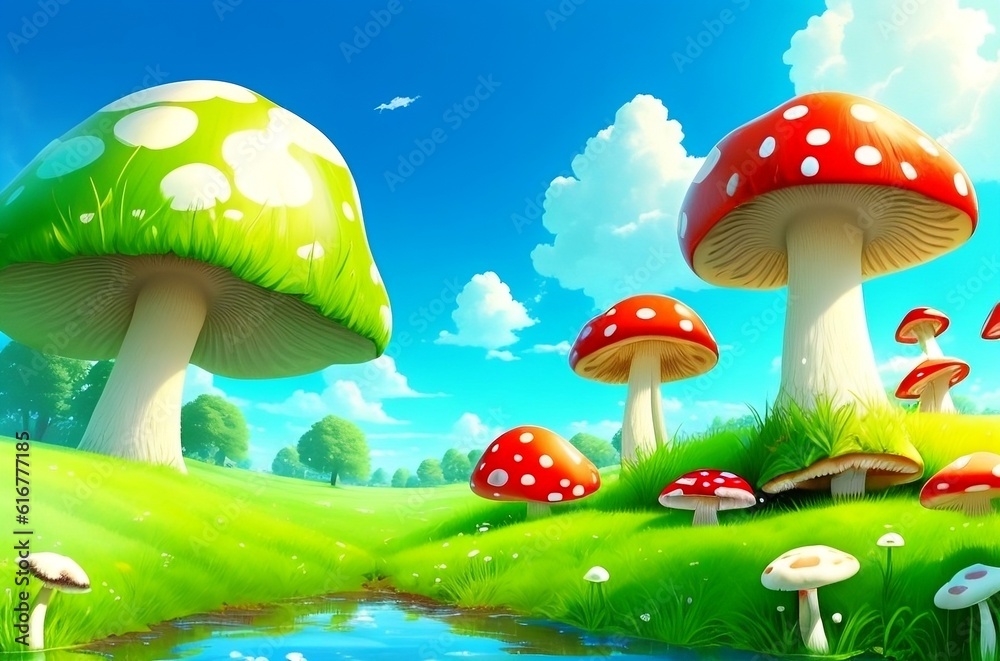 Generative AI. cartoon fantasy nature with green trees, blue sky, white clouds and mushrooms Generative AI. cartoon fantasy nature with green trees, blue sky, white clouds and mushrooms