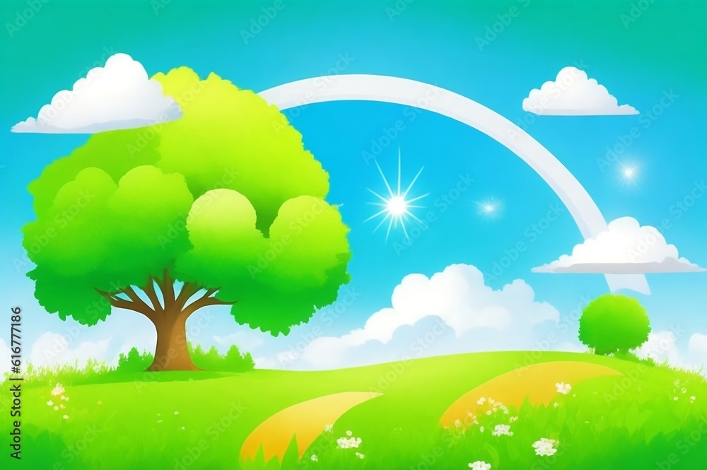 Generative AI. cartoon fantasy nature with green trees, blue sky, white clouds and mushrooms