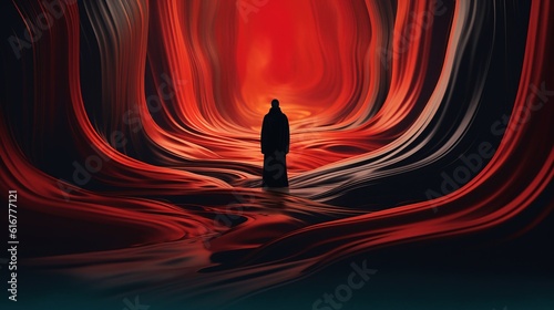 A silhouette of man standing in a red tunnel. Mystery fiction concept. Generative AI. Illustration for banner, poster, cover, brochure or presentation.
