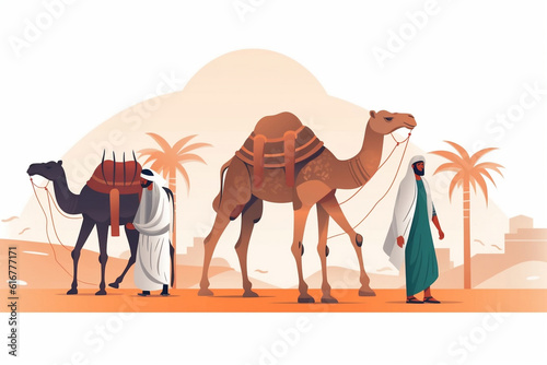 eid al adha mubarak Arabic man with a camel and goat,caw. creative vector illustration design