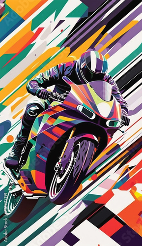 Geometric motorcycle driver in colorful shapes poster design