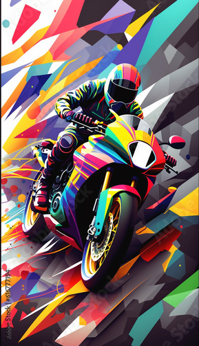 Geometric motorcycle driver in colorful shapes poster design