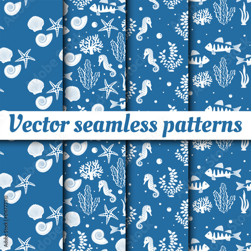 A collection of vector seamless patterns on a blue background. Underwater world in cartoon style. Summer, sea, fish, shells, algae