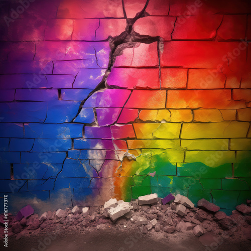 Abstract LGBT pride flag painted on cracked wall with fluorescent rainbow colors. Symbol of rupture of social structures. Coming out concept