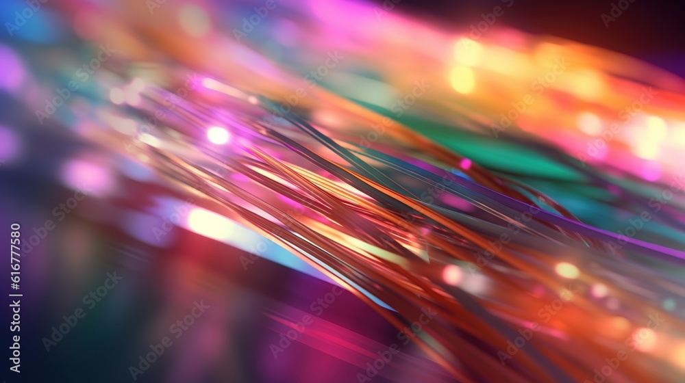 Technology background with multicolored fiber optic cables. Concept of fast internet. Generative AI. Illustration for banner, poster, cover, brochure or presentation.