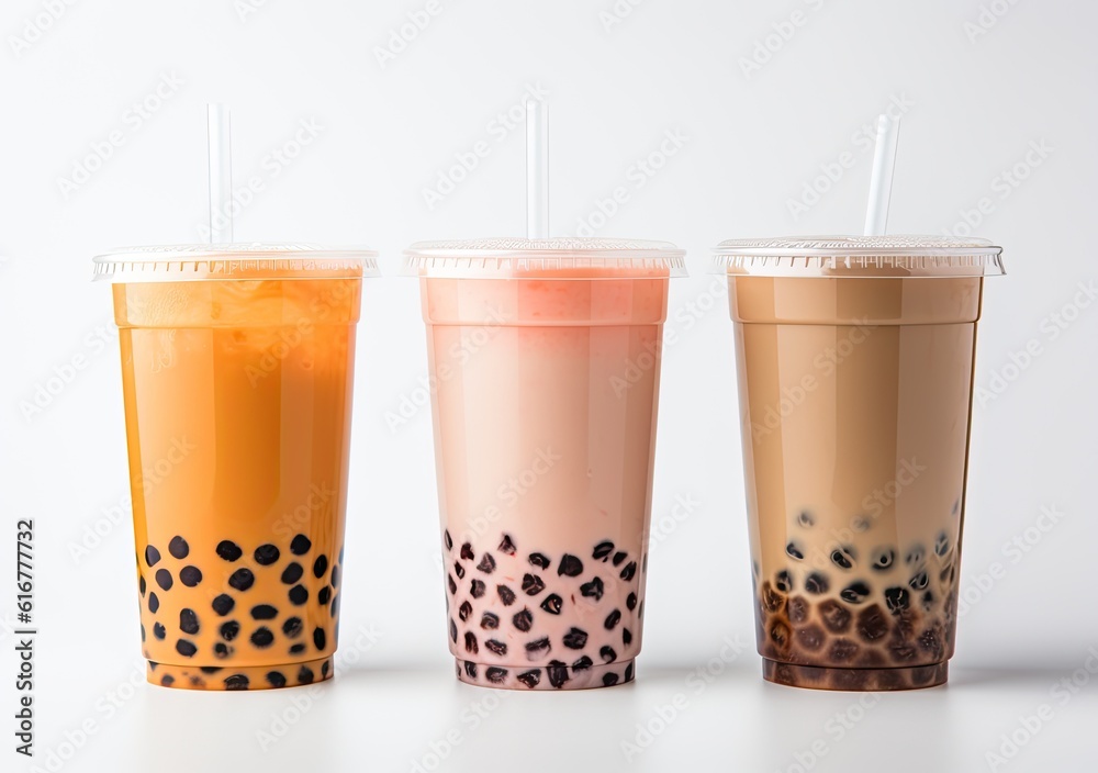 Generative AI illustration of product photo of 3 plastic cups of boba milk tea, with bubbles, fun, solid soft pastel background Generative AI illustration of product photo of 3 plastic cups of boba milk tea, with bubbles, fun, solid soft pastel background