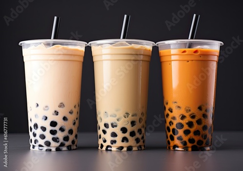 Generative AI illustration of product photo of 3 plastic cups of boba milk tea, with bubbles, fun, solid soft pastel background