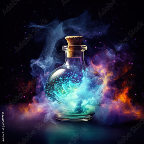 Mystic glass bottle of nebula and anti mater glowing and making a swirling energy, elixir, artistic. Magic potion bottle with universe inside,magical colours,ethereal background.Eternal youth