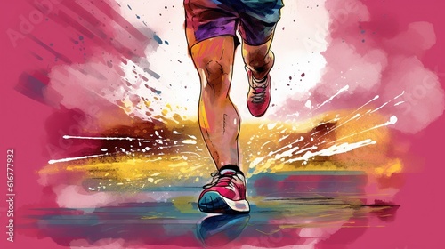 Close up view of runner sport shoes. Marathon runner. Feet in running sneaker shoes. People activity. Generative AI. Illustration for print, poster, cover or brochure.