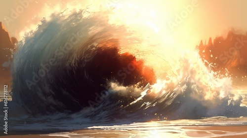 A big breaking ocean wave with white foam. Tropical sunset background. Sunset. Generative AI. Illustration for banner  poster  cover  brochure or presentation.