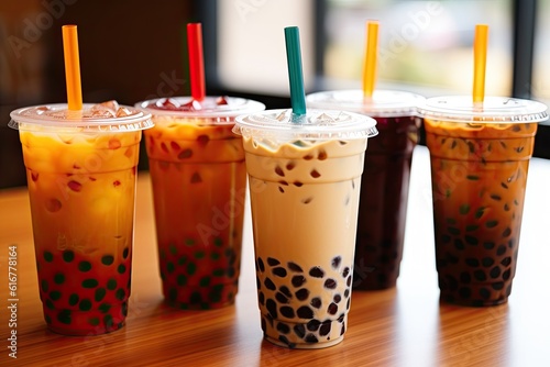 Generative AI illustration of plastic cups of boba milk tea, with bubbles, close-up shot, depth of field, gourmet dessert, blurry background