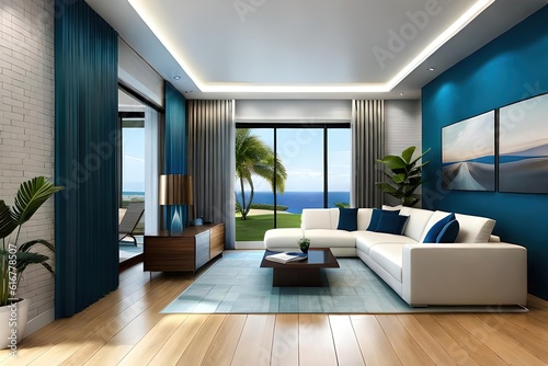 Modern blue contemporary apartment interior with a brick wall  light render  and home decoration using Generative AI 