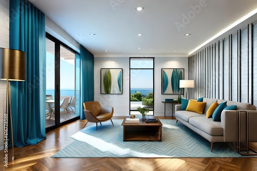 Modern blue contemporary apartment interior with a brick wall  light render  and home decoration using Generative AI 